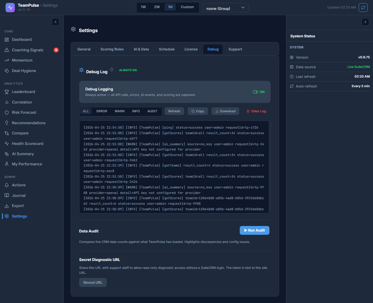 Debug and audit tab in TeamPulse Settings showing license validation log and API status