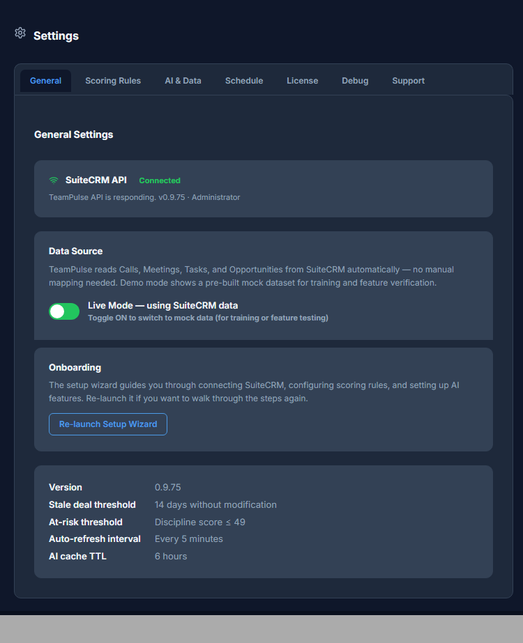 TeamPulse Settings General tab showing System Information section with detected tp_role field