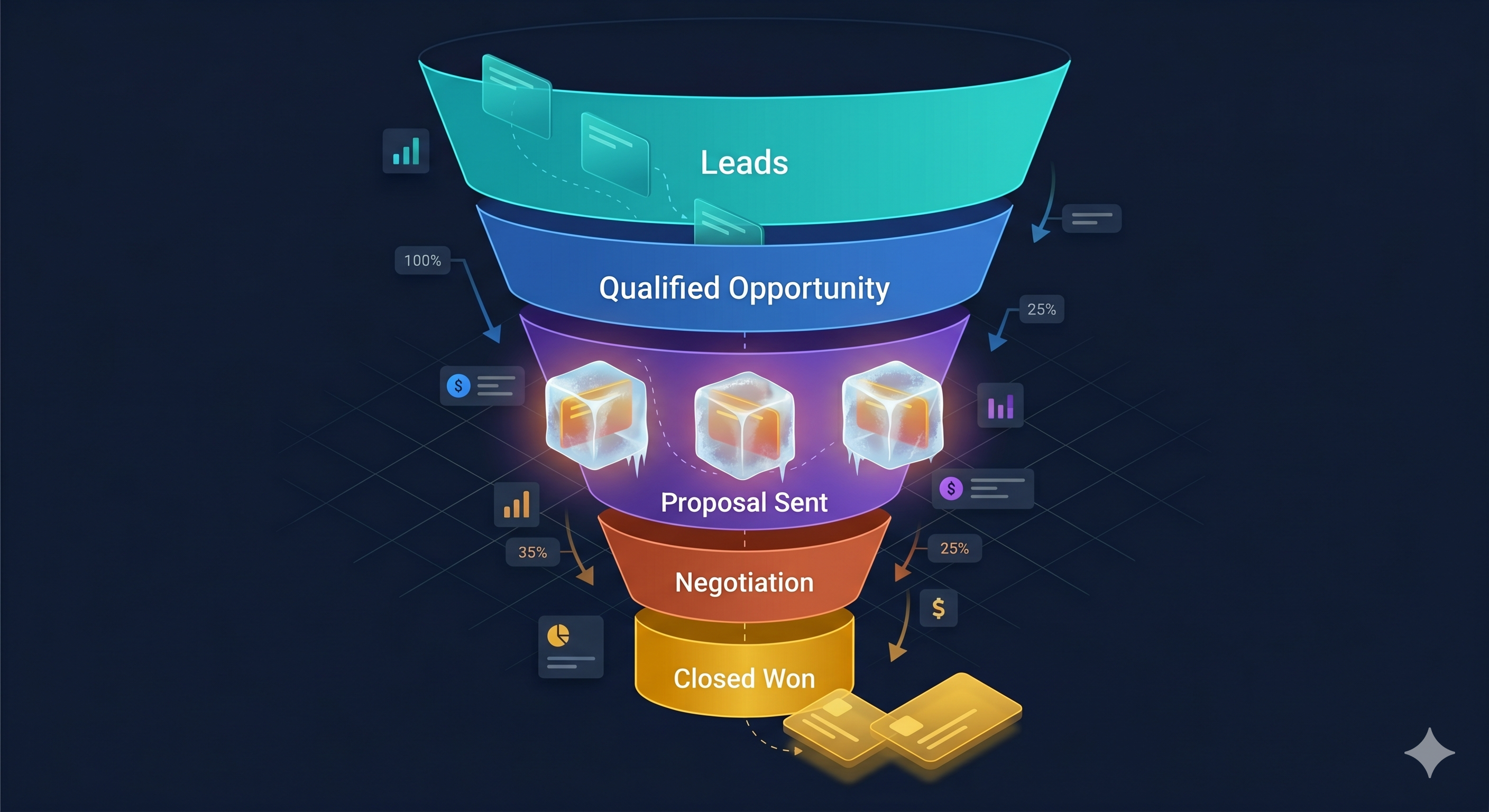 Pipeline funnel with deals frozen mid-stage