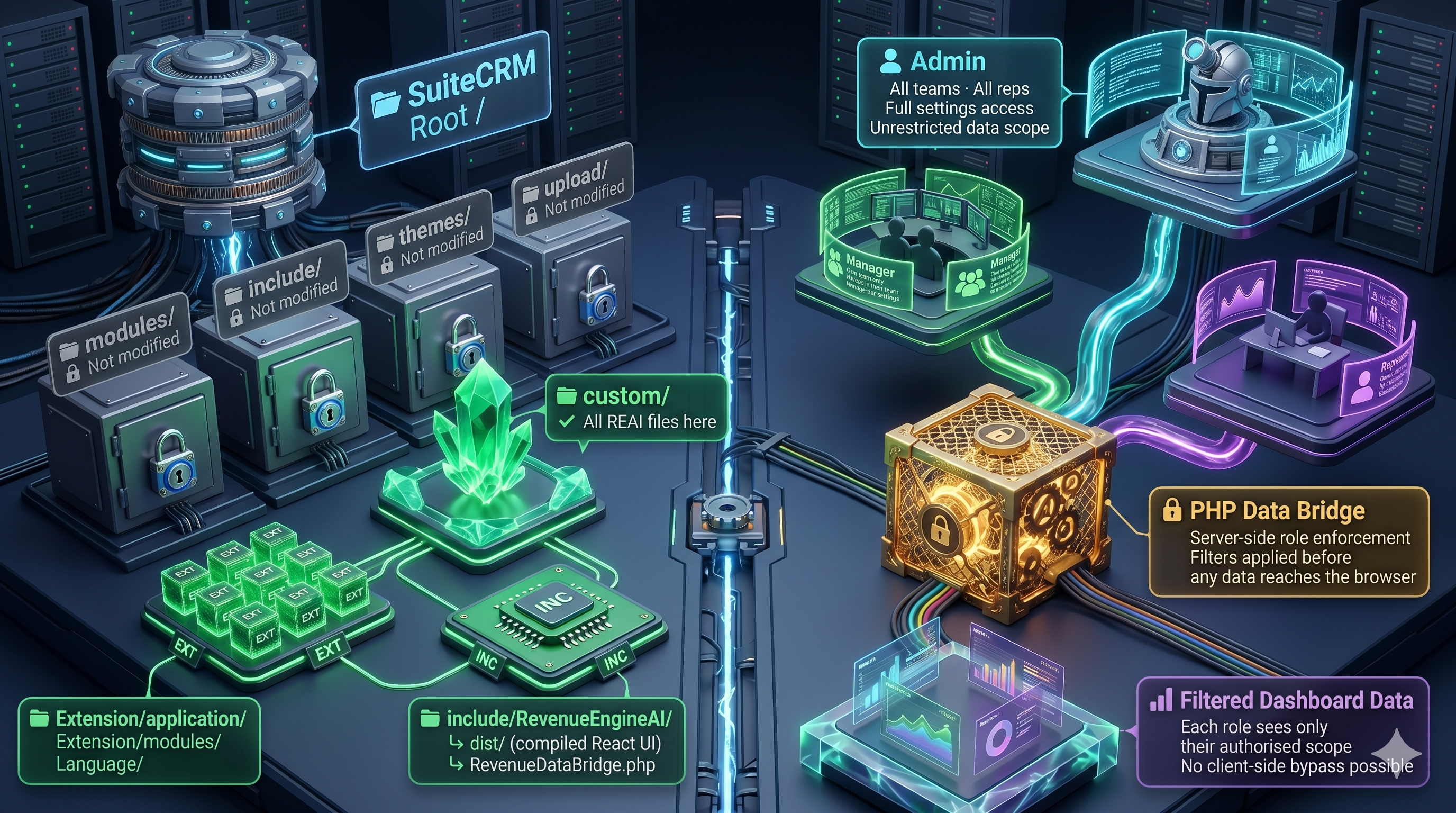 File structure diagram showing Revenue Engine AI in custom directories