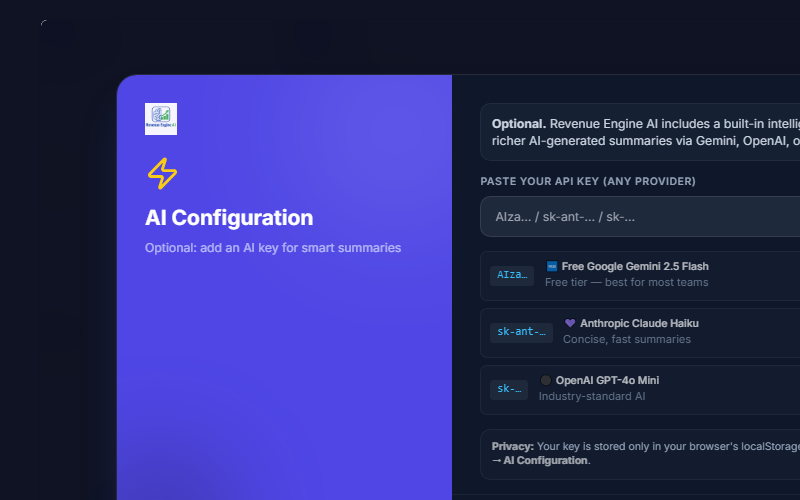 AI Configuration screen showing single API key input and provider badges
