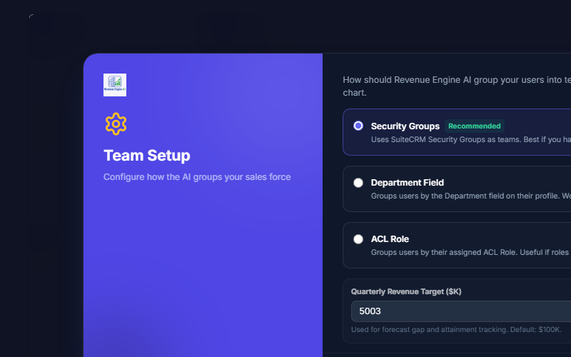 Team Setup showing radio buttons for Security Groups, Department, ACL Role